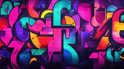 Obraz premium Flat vector illustration template background showcasing vibrant neon abstract urban street art in a graffiti style, providing a dynamic and colorful art template suitable for modern designs