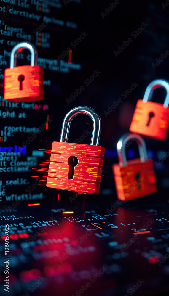Aufkleber multiple padlocks on data background representing cybersecurity and data protection high-tech security concept vertical format