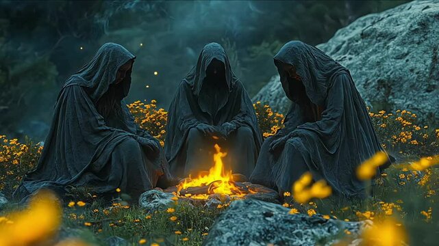 Celtic druids lighting bonfires and wearing animal skins during Samhain, the precursor to modern Halloween. Concept of Halloween in ancient Celtic times