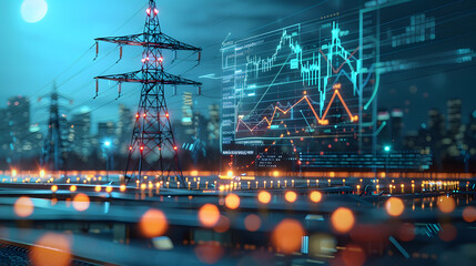 High-tech power grid interface displaying data analysis and price graphs, showcasing energy consumption and market trends