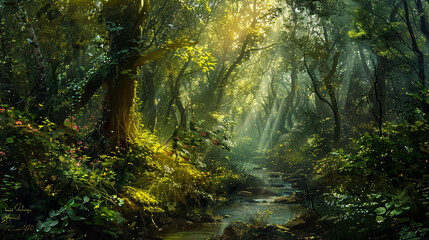 Obraz premium A magical forest glen where sunlight filters through trees and a babbling brook winds through the underbrush.