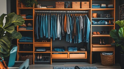 Organized closet with clothes, shoes, and accessories displayed neatly on shelves.