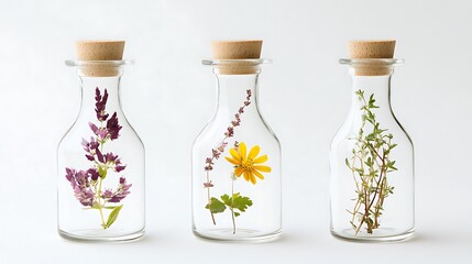 Adorned with a variety of fragrant herbs and blooming flowers, these three glass bottles exude a sense of rustic charm and simplicity