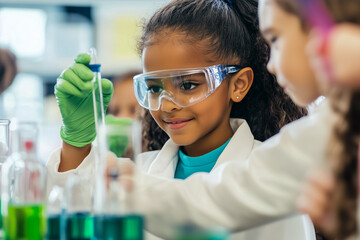 A young girl in a lab coat conducts a science experiment with test tubes and colorful liquids at school.