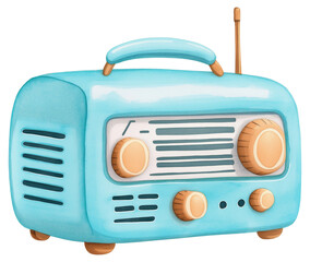 A vintage blue radio on display with dials and an antenna showcasing its retro design and functionality, isolated on transparent background.