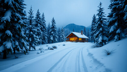 A small cabin in the middle of a snowy forest.