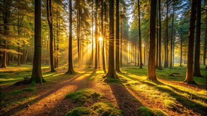 Obraz premium Evening in the forest with warm golden light casting long shadows across the forest floor and trees, evening, golden hour, warm light, trees, sunset