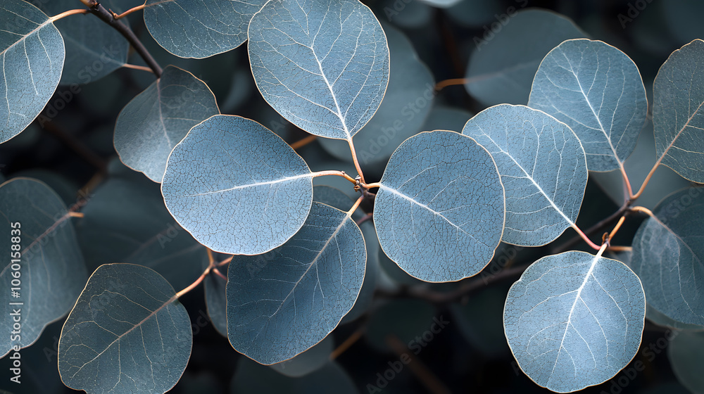 Poster a close-up of soft, round leaves with a blue-green hue, displaying a delicate texture and intricate 