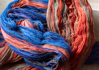Colorful woolen yarn skeins, needlework concept, woolen threads