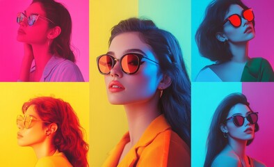 Vibrant retro fashion portraits with colorful sunglasses aesthetic
