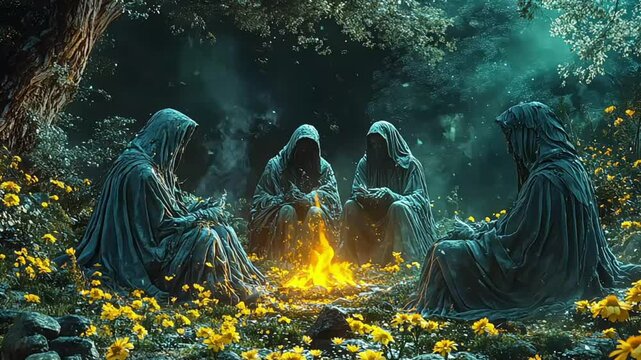 Celtic druids lighting bonfires and wearing animal skins during Samhain, the precursor to modern Halloween. Concept of Halloween in ancient Celtic times