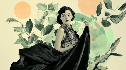 Vintage elegance: retro fashion portrait of a woman with floral background