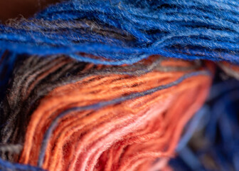 Colorful woolen yarn skeins, needlework concept, woolen threads