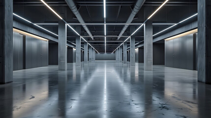Fototapeta premium Industrial design project empty hall with led lights on top, grey walls and glossy concrete floor