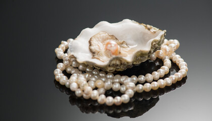 Pearls, Natural pearl inside the oyster shell, close up, necklace over black background. Nacre....