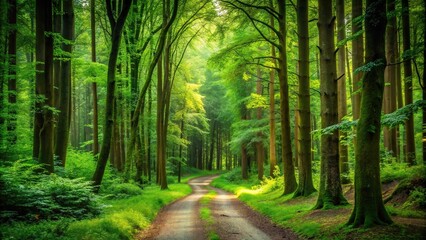 Fototapeta premium Lush green forest with tall trees and a winding dirt path leading into the distance, woodlands, scenery, hiking, trees