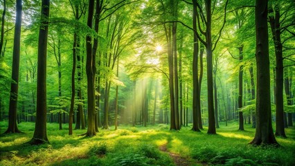 Naklejka premium lush green forest landscape with tall trees and vibrant foliage, branches, plants, environment, woodland