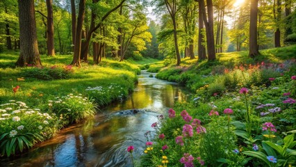 Lush green forest with vibrant wildflowers and a babbling brook, nature, flowers, wildflower, forest