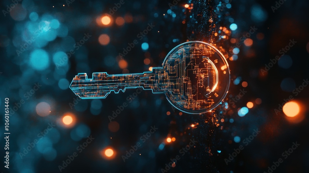 Poster a digital key with circuit patterns, symbolizing security and technology.