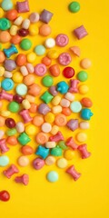 Obraz premium Multicolored candy in various shapes and sizes scattered on a vibrant yellow background, candy, background