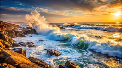 Fototapeta premium Serene ocean waves crashing on a rocky coastline with sea foam and sunlit mist, seaweed, ocean, coastal, foam, calming