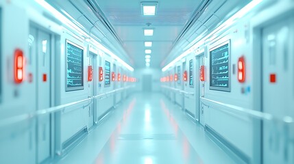 Futuristic medical corridor showcasing advanced technology and design in a high-tech environment