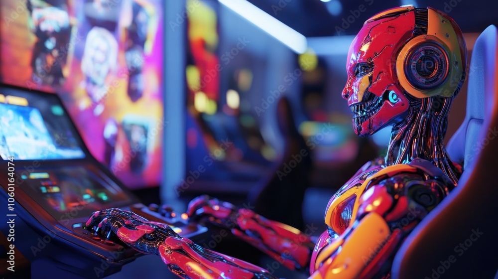 Poster a futuristic robot playing a video game in a vibrant arcade setting.