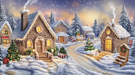 Fototapeta premium This picturesque scene features a gingerbread house straight out of a fairytale, embellished with sugary embellishments and a sprinkling of snow