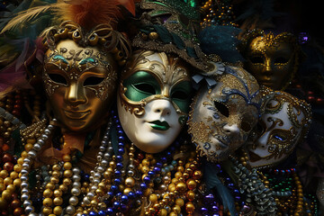 An exhibit of assorted Mardi Gras beads arranged with artistic flair and interwoven with masks showcasing diverse shapes and designs, all enhanced by dazzling stage lighting.