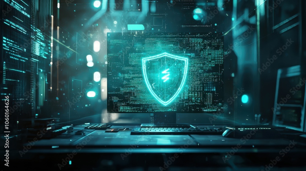 Aufkleber glowing digital shield above computer in 3d space