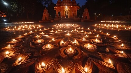 Obraz premium Diwali the Festival of Lights celebrated with colorful illuminated clay lamps called rituals at a Hindu temple