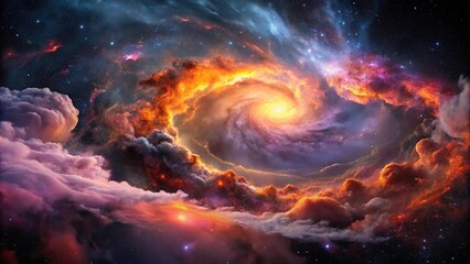 Fototapeta premium Swirling clouds of pink and orange gas against a backdrop of dark gray and black, with a distant galaxy visible in the distance, deep space, space, galaxy background, celestial, stars