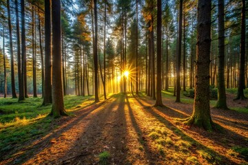 Obraz premium The last rays of sunlight filter through the trees, casting dappled shadows on the forest floor at dusk, dappled light, outdoors