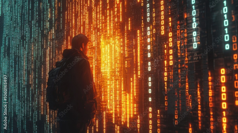 Poster hacker analyzing encrypted codes on a digital wall