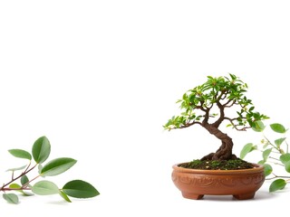 Obraz premium Tree bonsai with intricate twisted branches and vibrant green leaves isolated on a white background, isolated, gardening, leaves