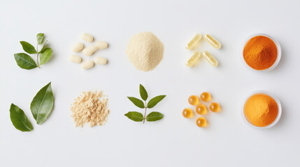 Natural supplements and ingredients arranged aesthetically on white background, showcasing various forms like powders, capsules, and leaves, evoking sense of health and wellness