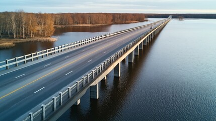 Naklejka premium Aerial view of a long concrete bridge crossing a large body of water with cars driving, surrounded by autumn trees on a calm day.
