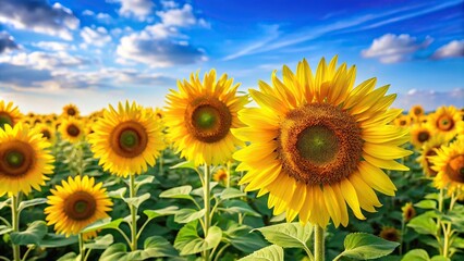 Warm sunflower field pattern featuring bright yellow petals and green stems against a soft blue sky, organic, nature