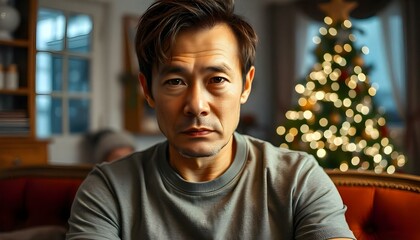 Lonely sad middle aged Asian man sitting alone at christmas time, isolation solitude and loneliness...