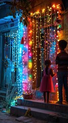 Enchanting night scene with vibrant colorful Christmas lights decorating the old historic buildings shops and street of a charming town  The festive display creates a warm