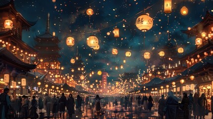 Obraz premium Mesmerizing scene of a vibrant Chinese city street at night with a traditional festival in full swing Thousands of colorful lanterns and festive lighting create a magical