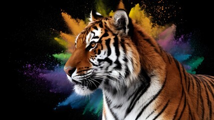 Side view of a Bengal tiger's head against a black background with vibrant powder paint explosions in yellow, orange, purple, blue, and green colors creating a dramatic artistic effect. AI generated