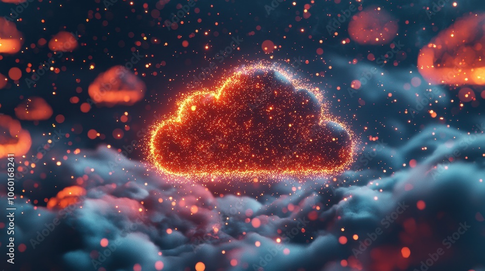 Poster floating cloud icon surrounded by data points and lights