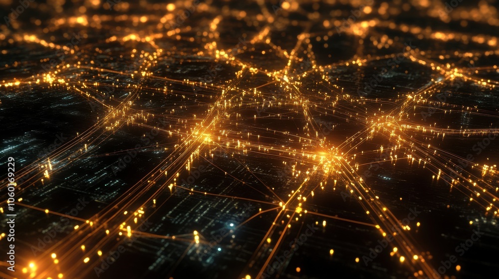 Poster blockchain technology visualized as a decentralized network of nodes