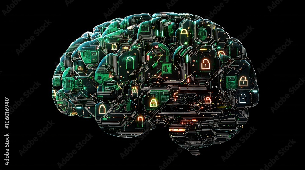 Poster abstract human brain with circuit pattern and locks