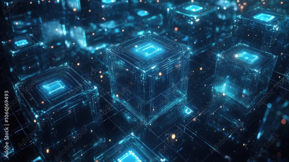 Poster blockchain technology visualized as a decentralized network