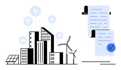 Modern cityscape with renewable energy sources such as wind turbines and solar panels. Connectivity icons above buildings. Receipt with a verified checkmark. Ideal for smart cities, renewable energy