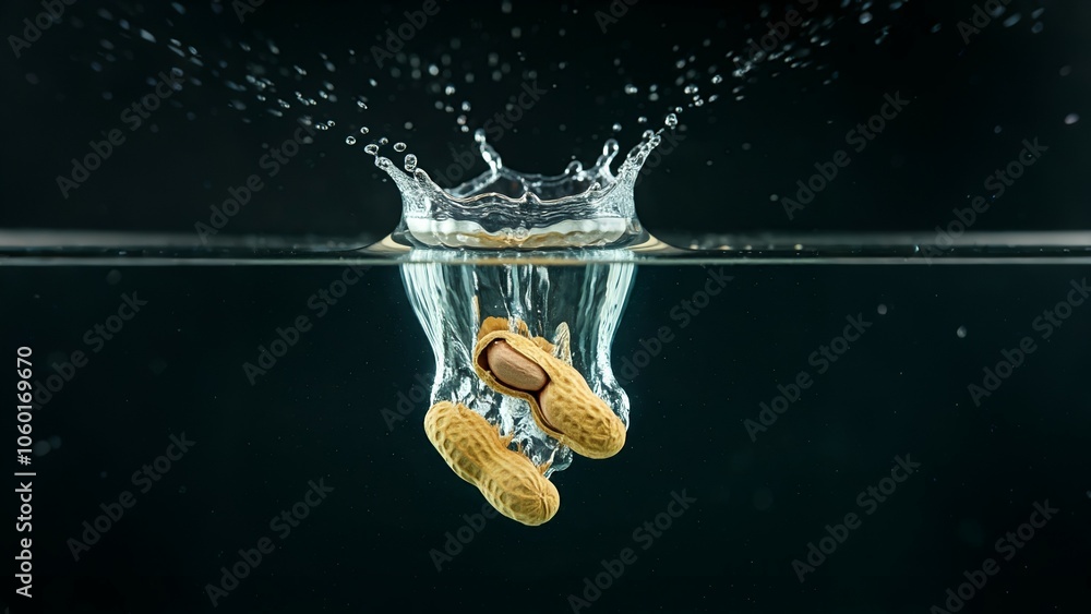 Poster two peanuts splashing into water, creating ripples and droplets against a dark background.