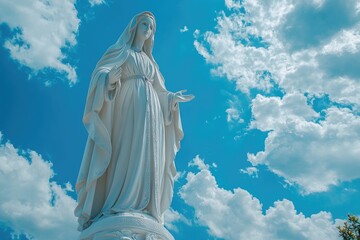 Virgin mary statue standing with blue sky and clouds background