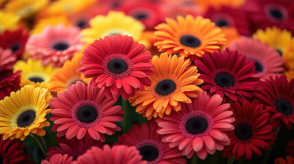 Fototapeta premium vibrant and colorful bouquet of gerbera daisies in various shades of red, orange, and yellow creates cheerful and lively atmosphere. flowers are beautifully arranged, showcasing their unique shapes